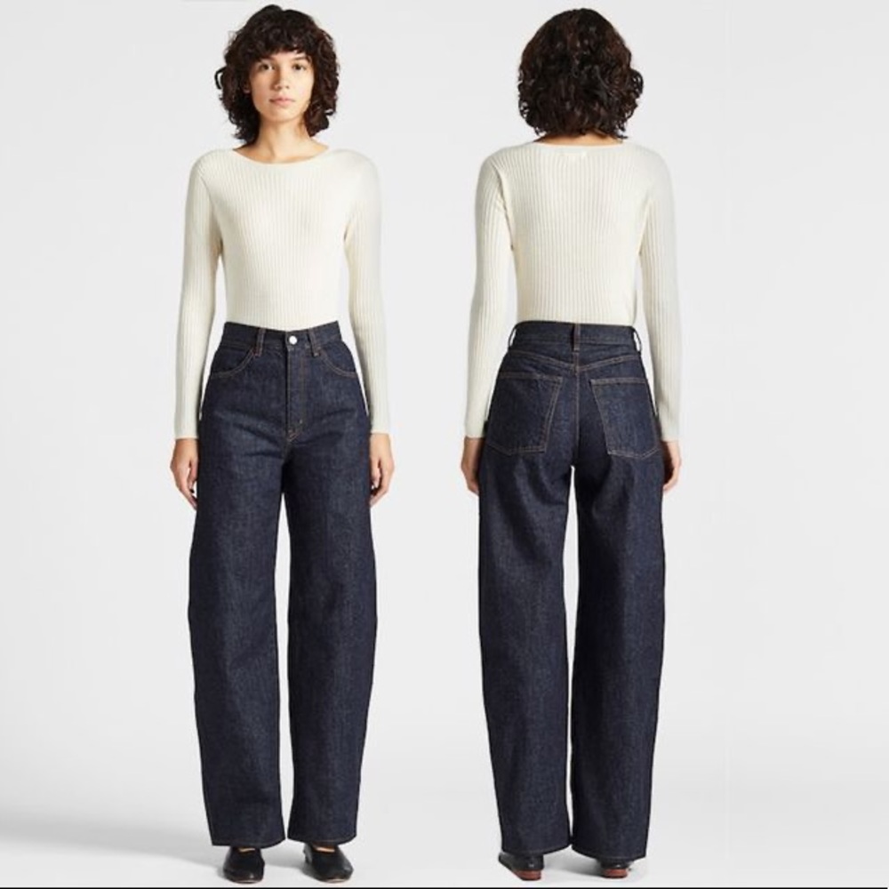 UNIQLO U High Waist Wide Fit Curved Rounded Dark Wash Denim Jeans 26x32.